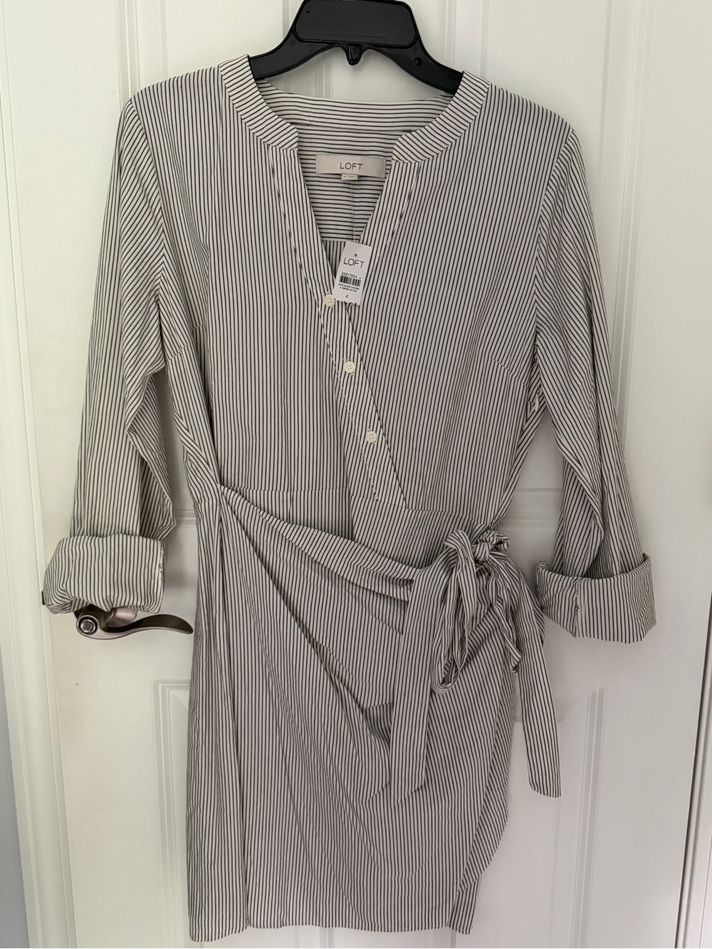 LOFT Black and White Pinstripe Wrap Shirt Dress